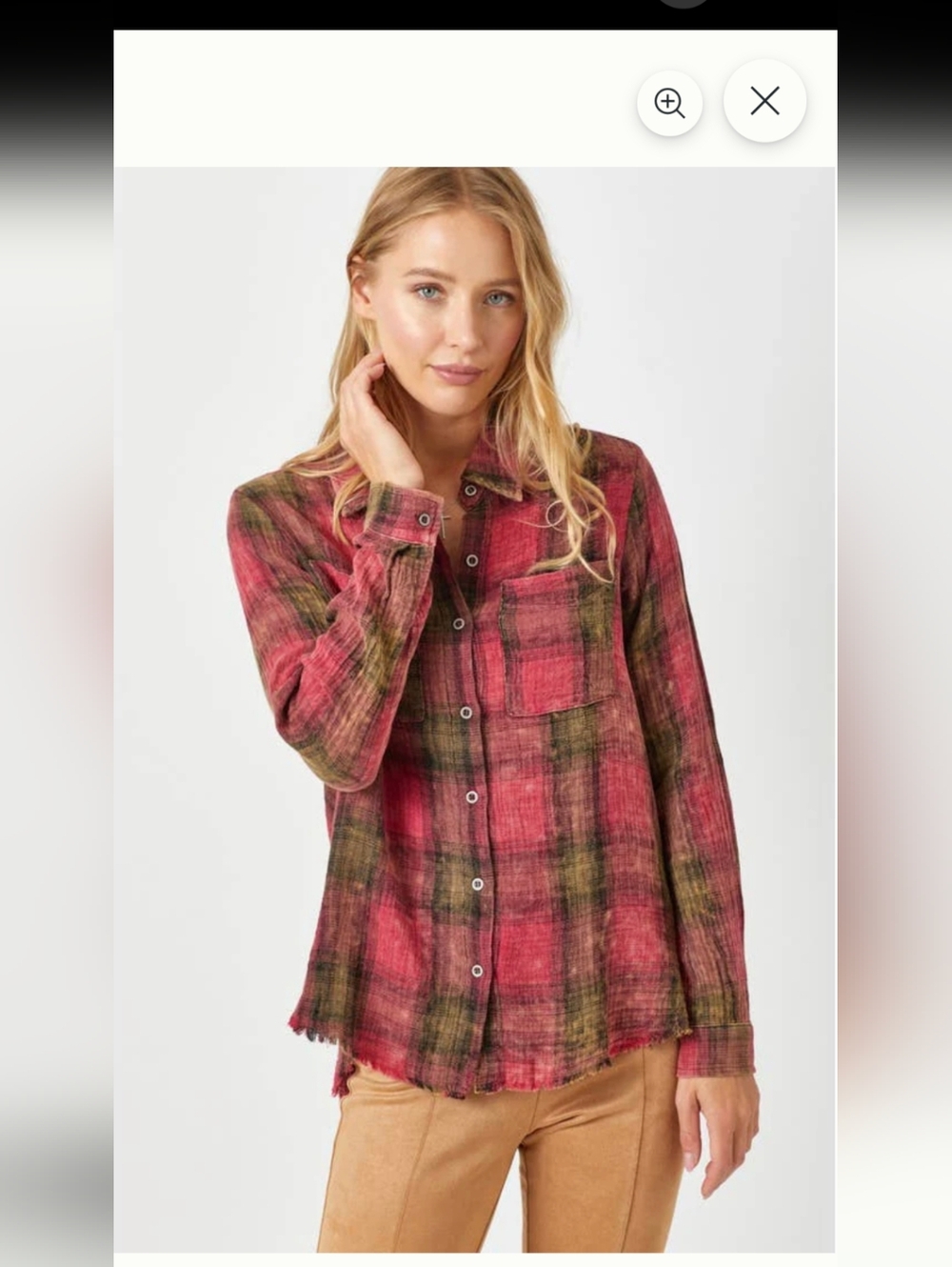 MYSTREE Women's Fringe Bottom Washed Plaid Shirt Small